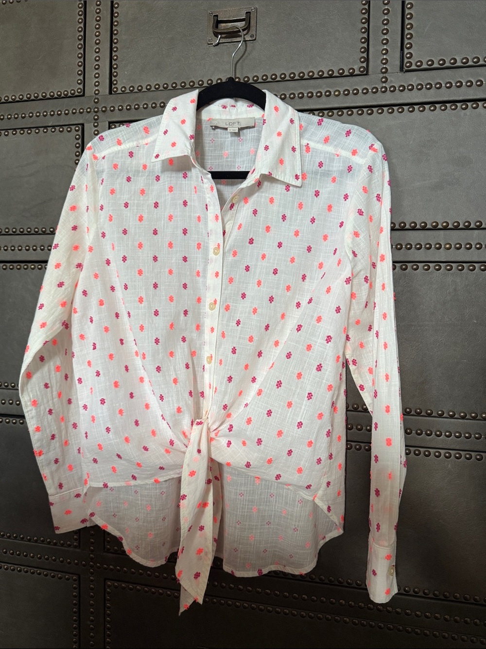 LOFT White Button-Down Shirt with Pink Dot Print and Front Tie